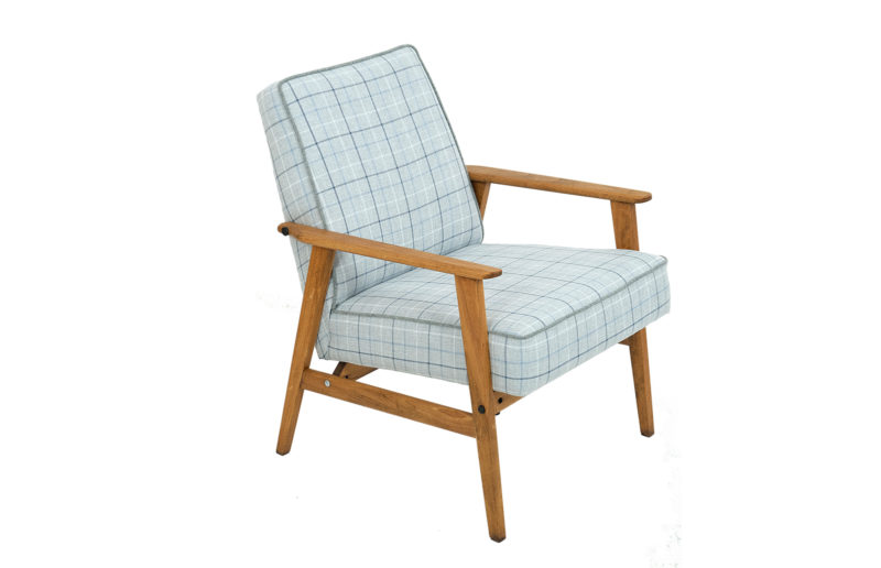 Club armchair from the PRL, Lisek, designed by Henryk Lis. Blue check. Club armchair from the PRL, Lisek